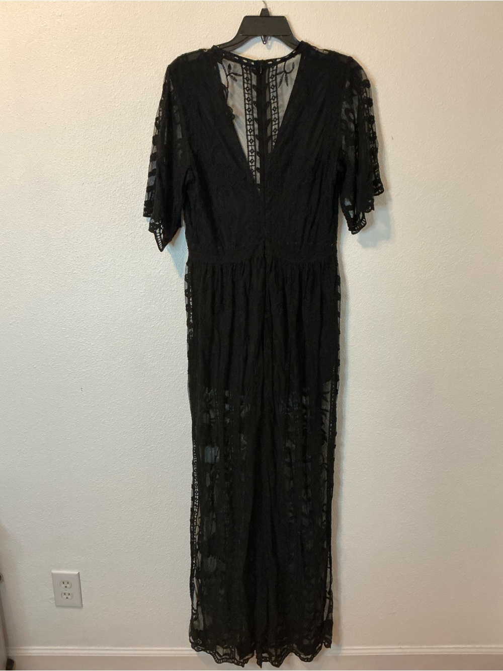 Black Lace V-Neck Romper Maxi Dress with Sheer Short Sleeves